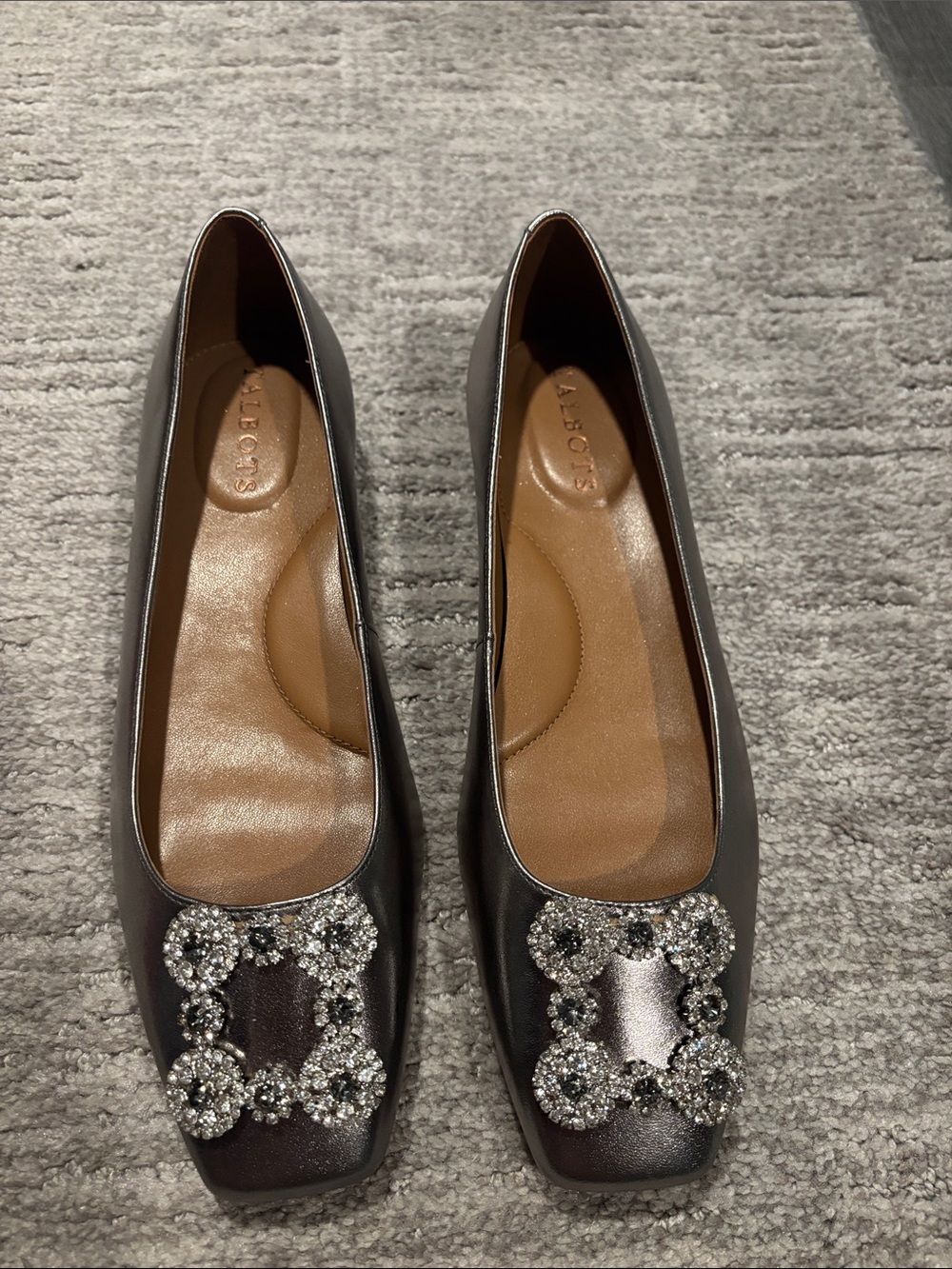 Talbots Metallic Charcoal Square-Toe Ballet Flats with Crystal Buckle size 7